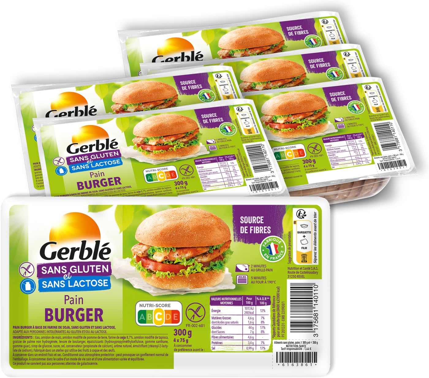 Pain Burger Sans Gluten & Sans Lactose, Riche En Fibres, Moelleux - Lot de 6