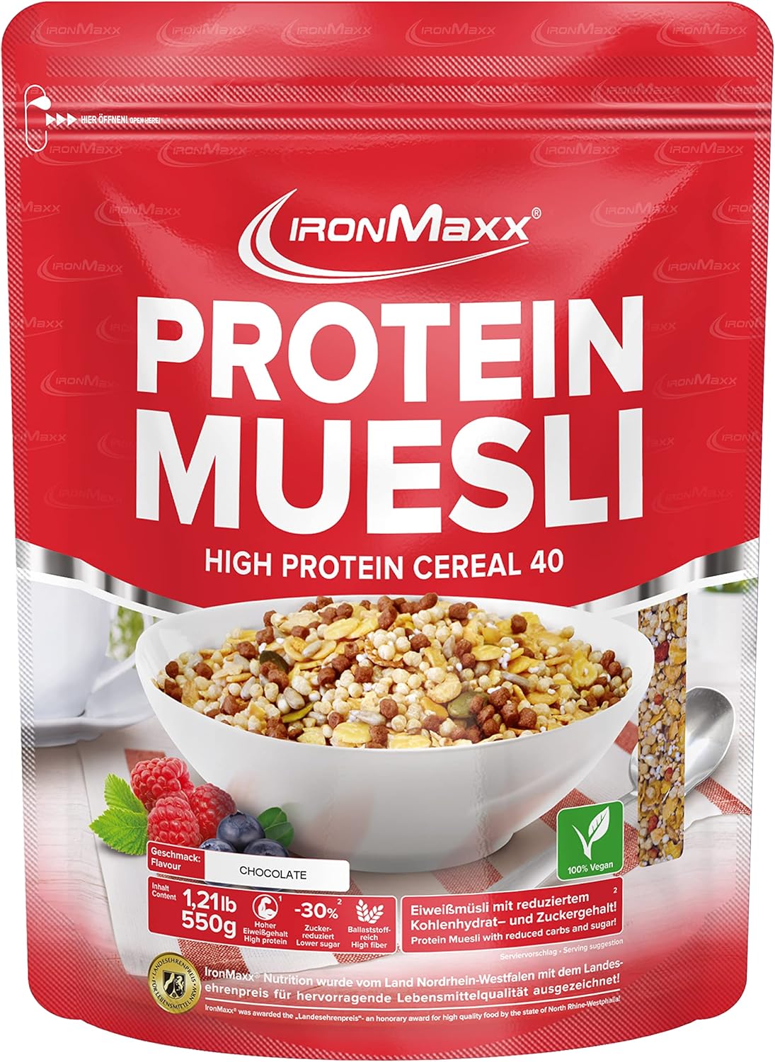 Protein Muesli – Muesli Protéiné Végétalien – 48% de Protéines – Sans Lactose et sans Gluten – Pour Sportifs – Goût Chocolat – 1 x paquet de 550 g Chocolat 550 g (Lot de 1)