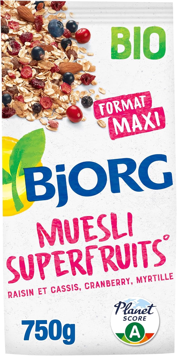 Muesli Superfruits Bio - Raisins, Cassis, Myrtilles, Cranberries - Sans Sucres Ajoutés - 750 g Raisins, Cassis, Myrtilles, Cranberries - 750 g