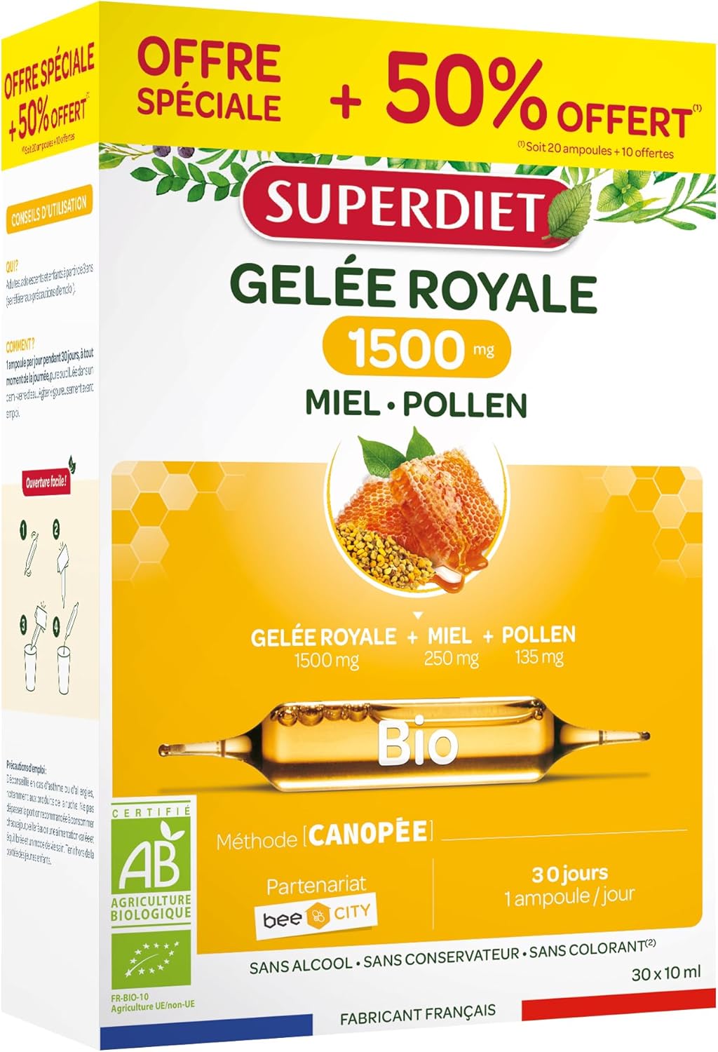 GELÉE ROYALE 1500MG BIO- Gelée royale, miel,pollen-Défenses immunitaires-Fabrication française-FORMAT PROMO -30 ampoules de 10ml Format économique - 30 ampoules de 10 ml