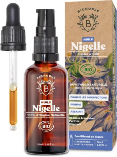 Huile de Nigelle Bio Pure 50ml + Pipette et Pompe - Bouteille en Verre - 100% Naturelle, Pressée à Froid - Huile Nigelle Bio Visage Corps Cheveux - Cumin Noir, Black Seed Oil 50 ml (Lot de 1) Nigelle