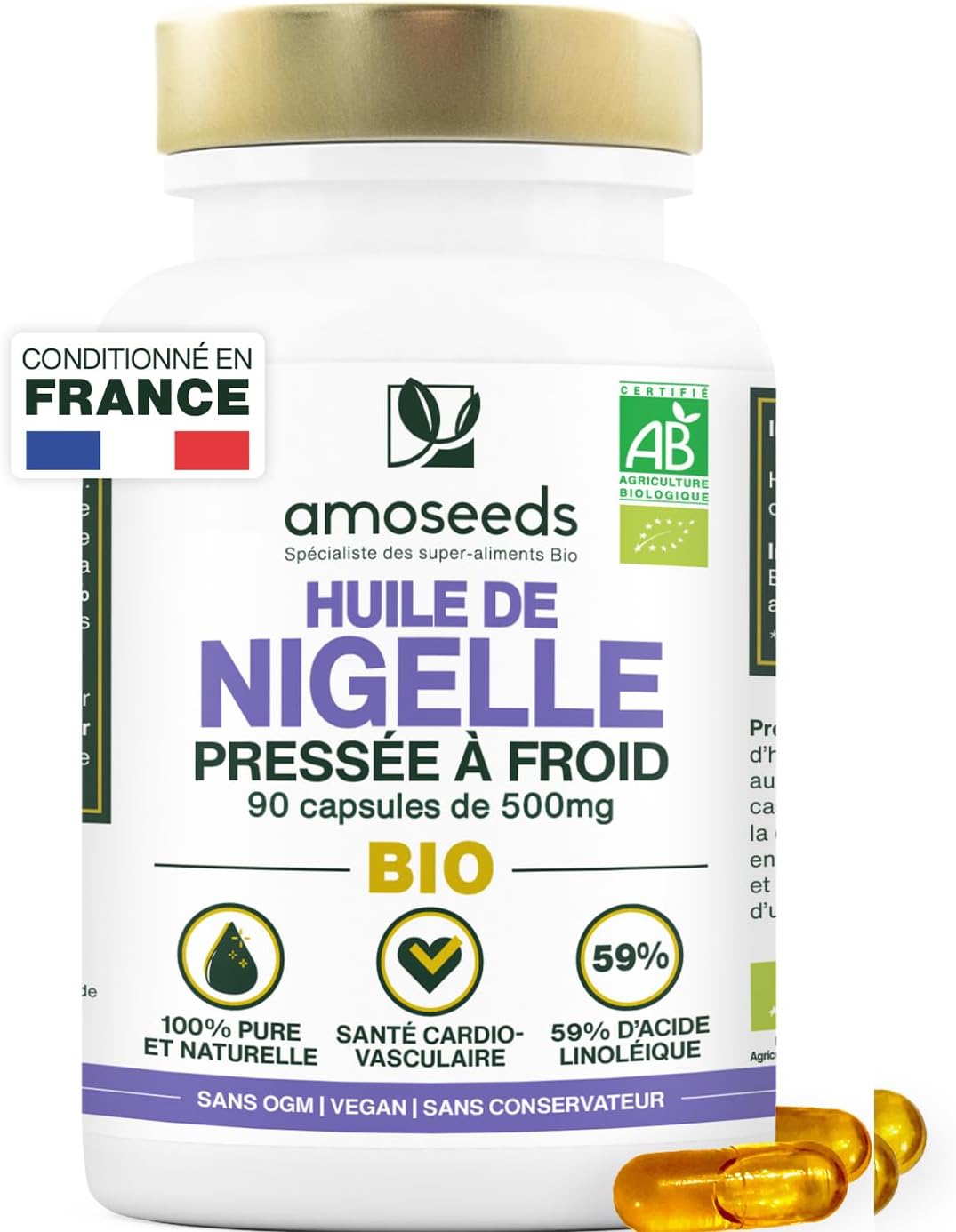 Huile de Nigelle BIO - 1 500mg d’Huile de Cumin Noir pure - Première pression à froid - 59% acide linoléique - 90 capsules végétales, vegan - Conditionné en France - Qualité Supérieure