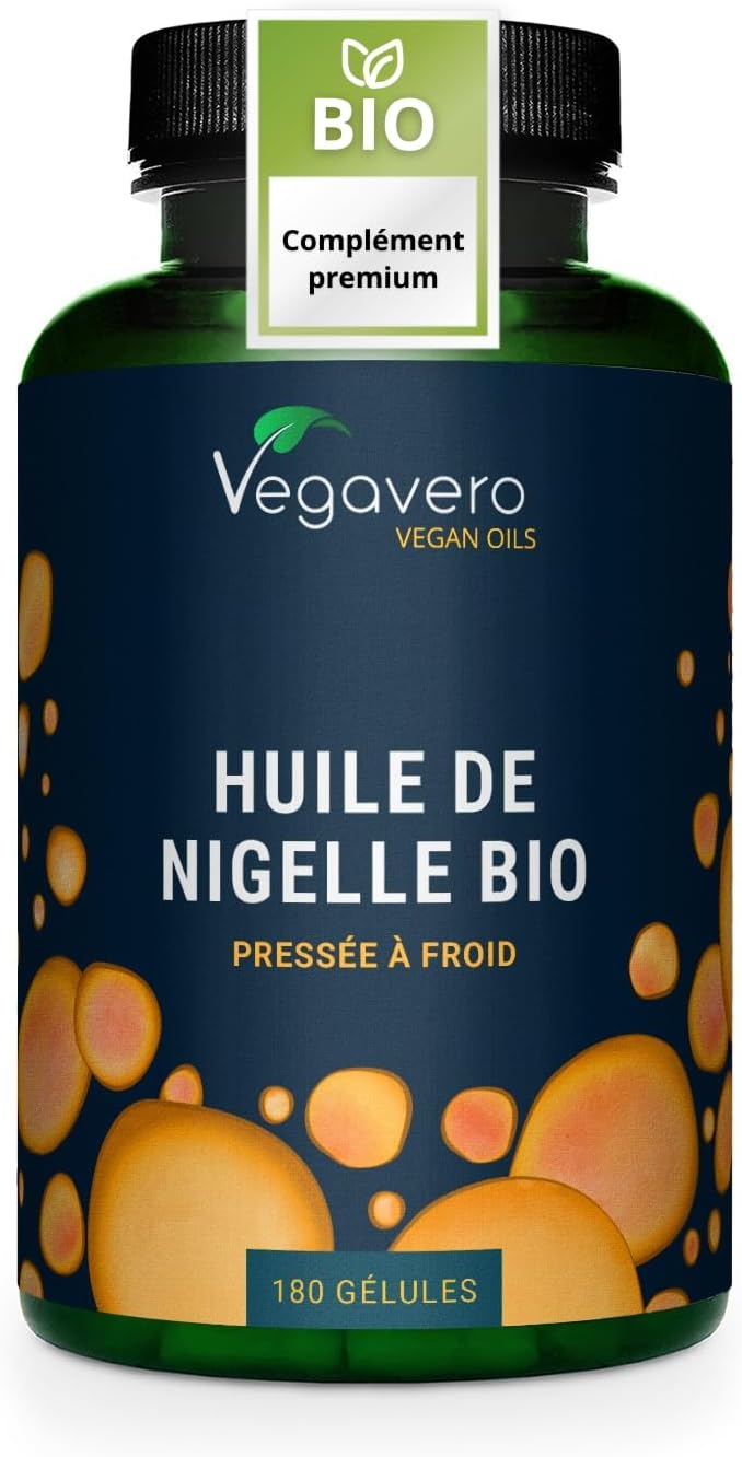 Nigelle BIO & VEGAN - 1000mg d’Huile de Cumin Noir - Immunité + Peau - Avec Thymoquinone & Acide Linoléique (Oméga 6) - Pressé à Froid - 180 Gélules - Vegavero® 180 unité (Lot de 1)