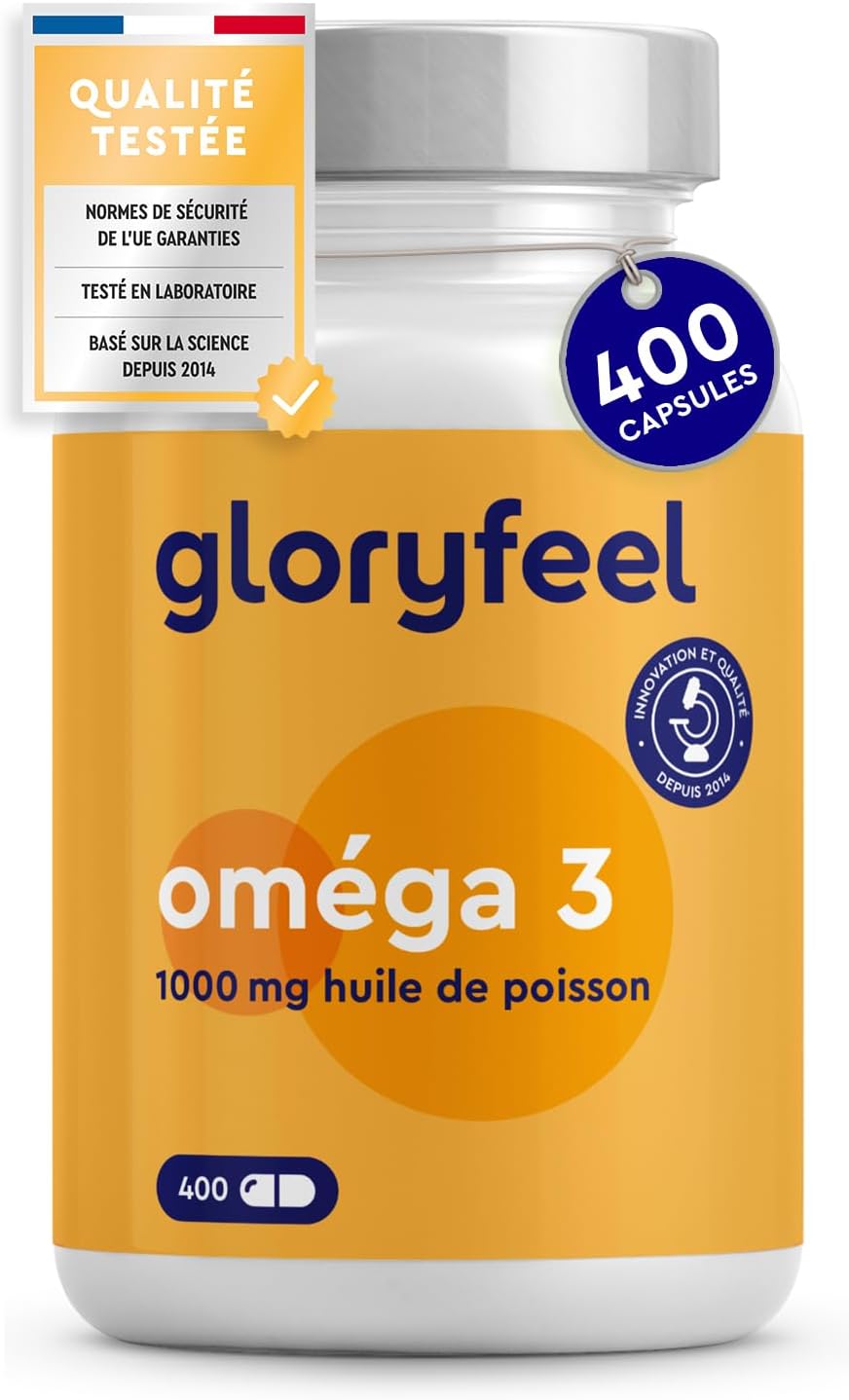 Oméga 3 1000mg Huile de Poissons Sauvages, 400 Gélules Biodisponibles, EPA 180mg DHA 120mg pour 1 An, Haute Concentration Acides Gras, Soutient le Cerveau, Cœur, Tension Artérielle, Sans Additifs