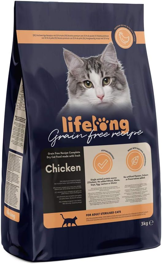 Marque Amazon - Lifelong - Aliment pour chat adultes stérilisés sans céréale, élaboré avec de la viande fraîche de poulet - 3 kg Poulet Chat adultes stérilisés