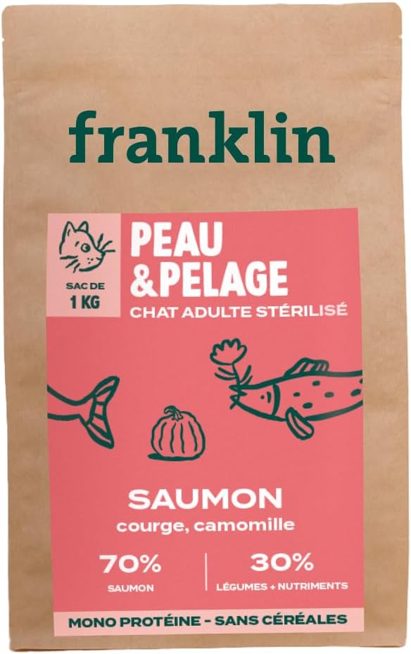 Croquettes pour Chat Stérilisé – Gamme Bien-être – avec 70% de Saumon – sans Céréales – Hypoallergénique – Peau et Pelage – Taille 10mm – 1 kg Saumon 1 kg (Lot de 1)
