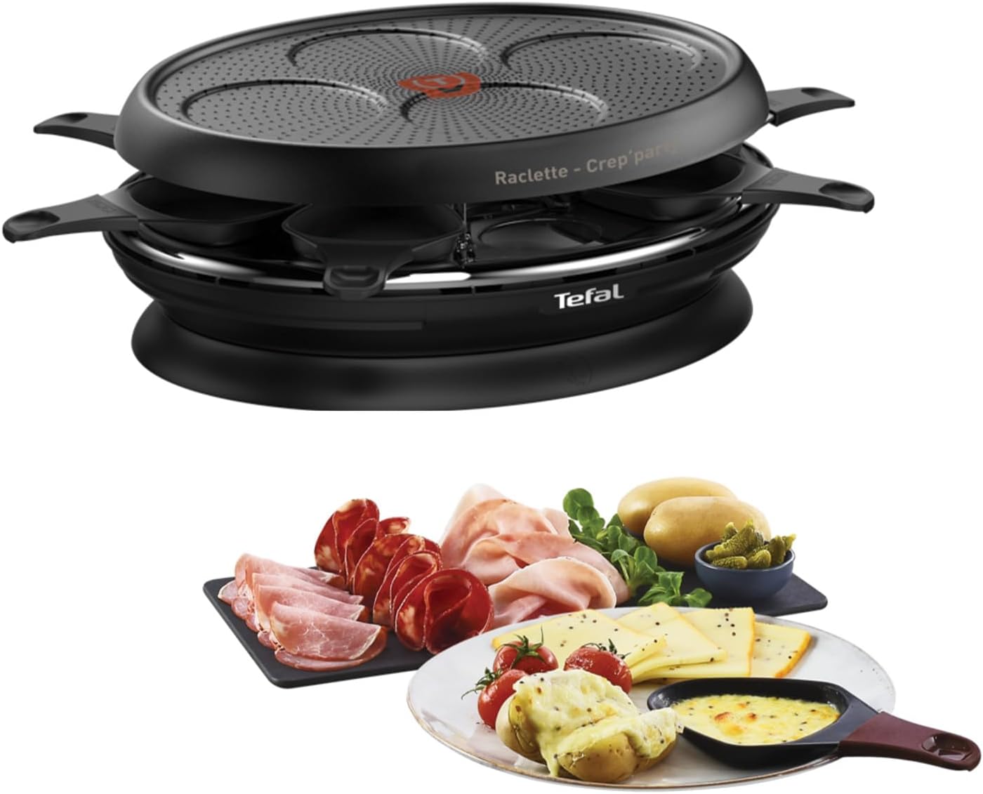 Appareil à raclette avec plaque crêp'party, 1050 W, Revêtement antiadhésif Powerglide, Indicateur Thermo-Spot, Rangements intégrés, Bouton marche/arrêt, Store'inn noir RE320812 8 coupelles