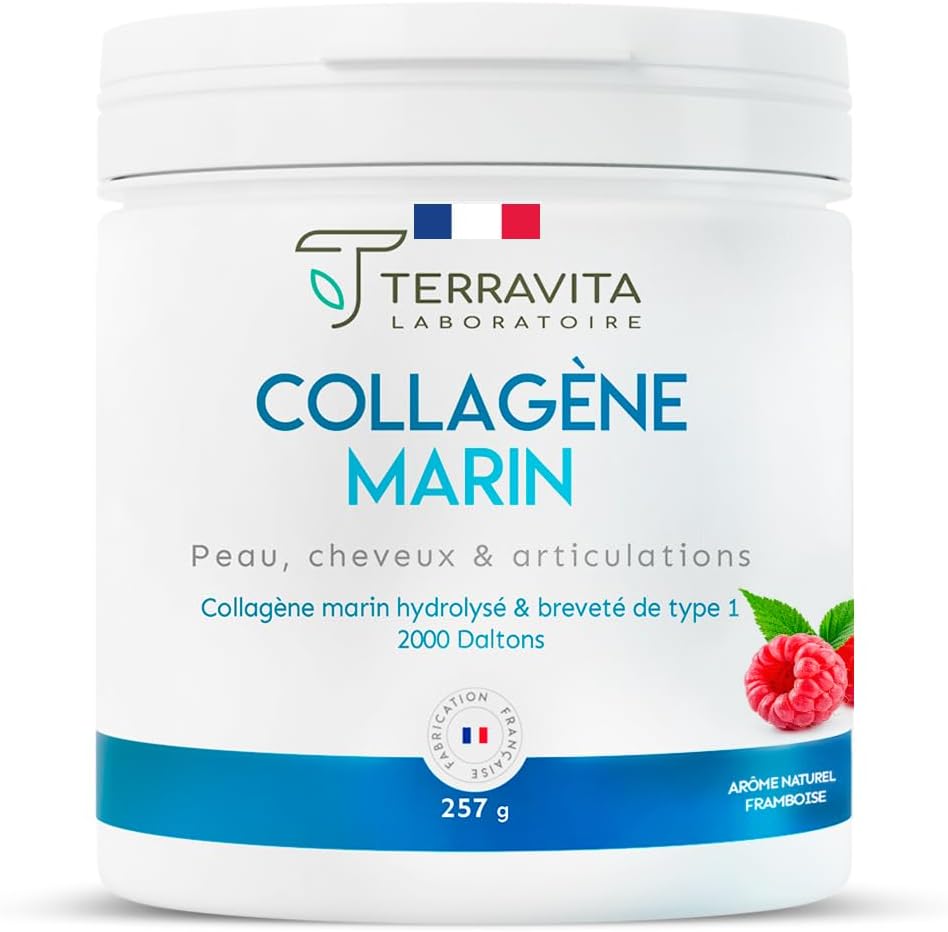 COLLAGÈNE MARIN Breveté en Poudre - 257 Grammes de Peptides de Collagène Purs de Type 1 - Articulations Souples, Peau Lisse et Hydratée - Goût Framboise - Filière 100% Française - Terravita