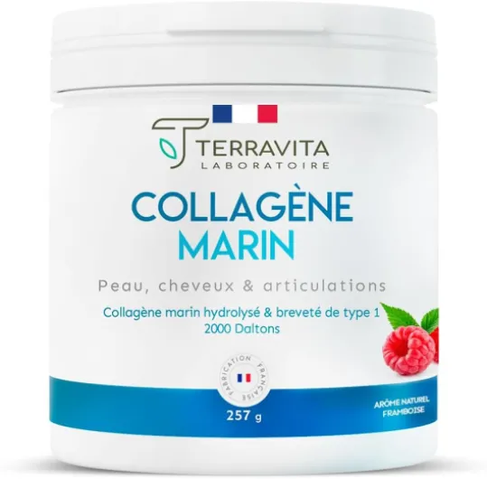 COLLAGÈNE MARIN Breveté en Poudre - 257 Grammes de Peptides de Collagène Purs de Type 1 - Articulations Souples, Peau Lisse et Hydratée - Goût Framboise - Filière 100% Française - Terravita