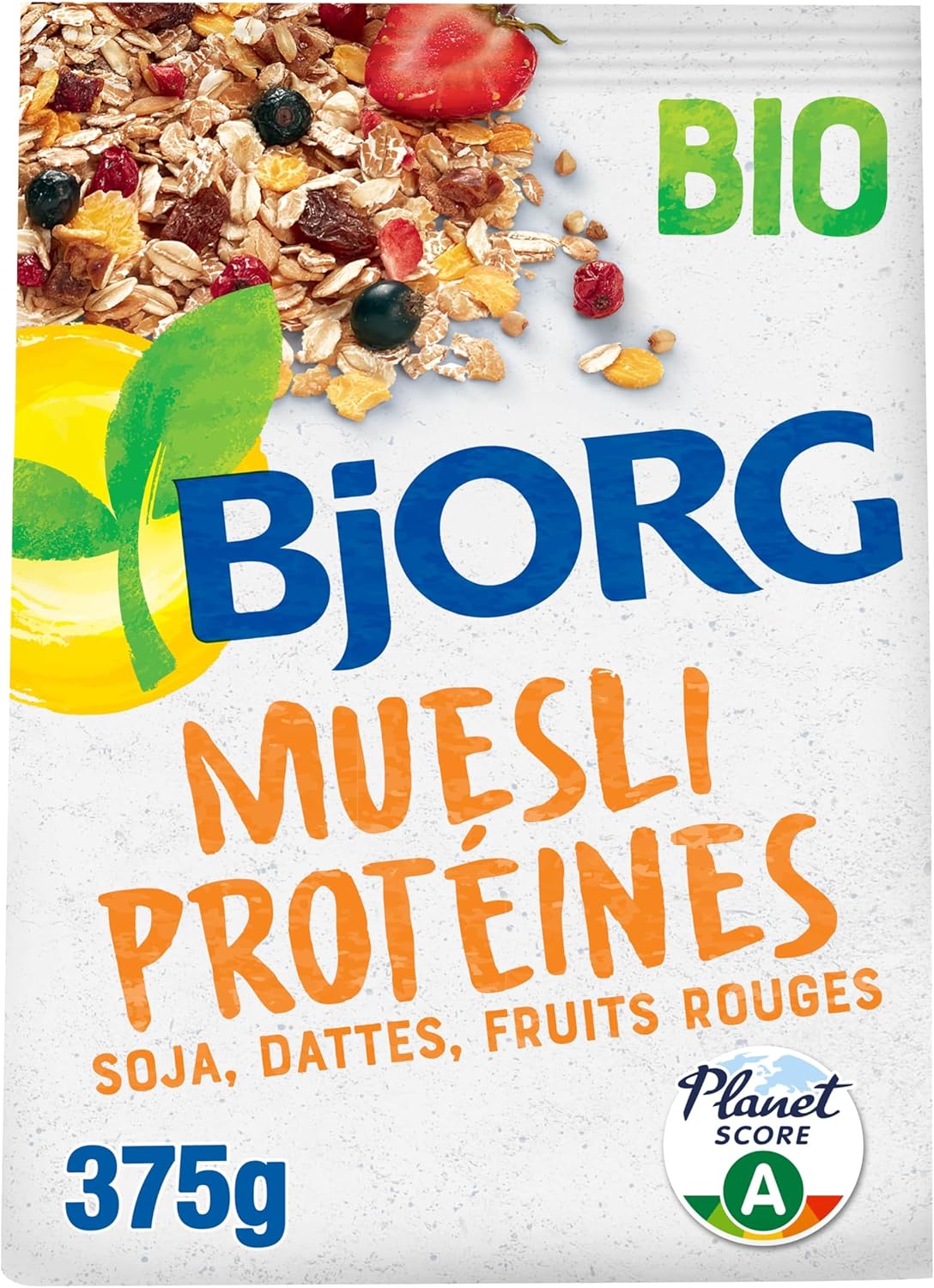 Muesli Protéines - Soja, Dattes, Fruits Rouges - Riche en Protéines - Source de Fibres - Céréales Complètes Avoine et Blé - Bio - 375g