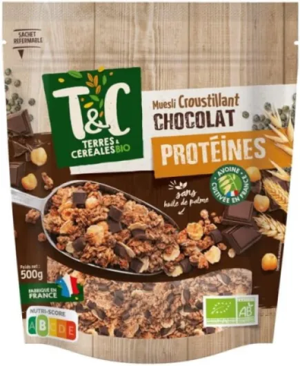TERRES ET CEREALES - Muesli Croustillant Chocolat Protéines Bio 500G - Lot De (2) - livraison offerte