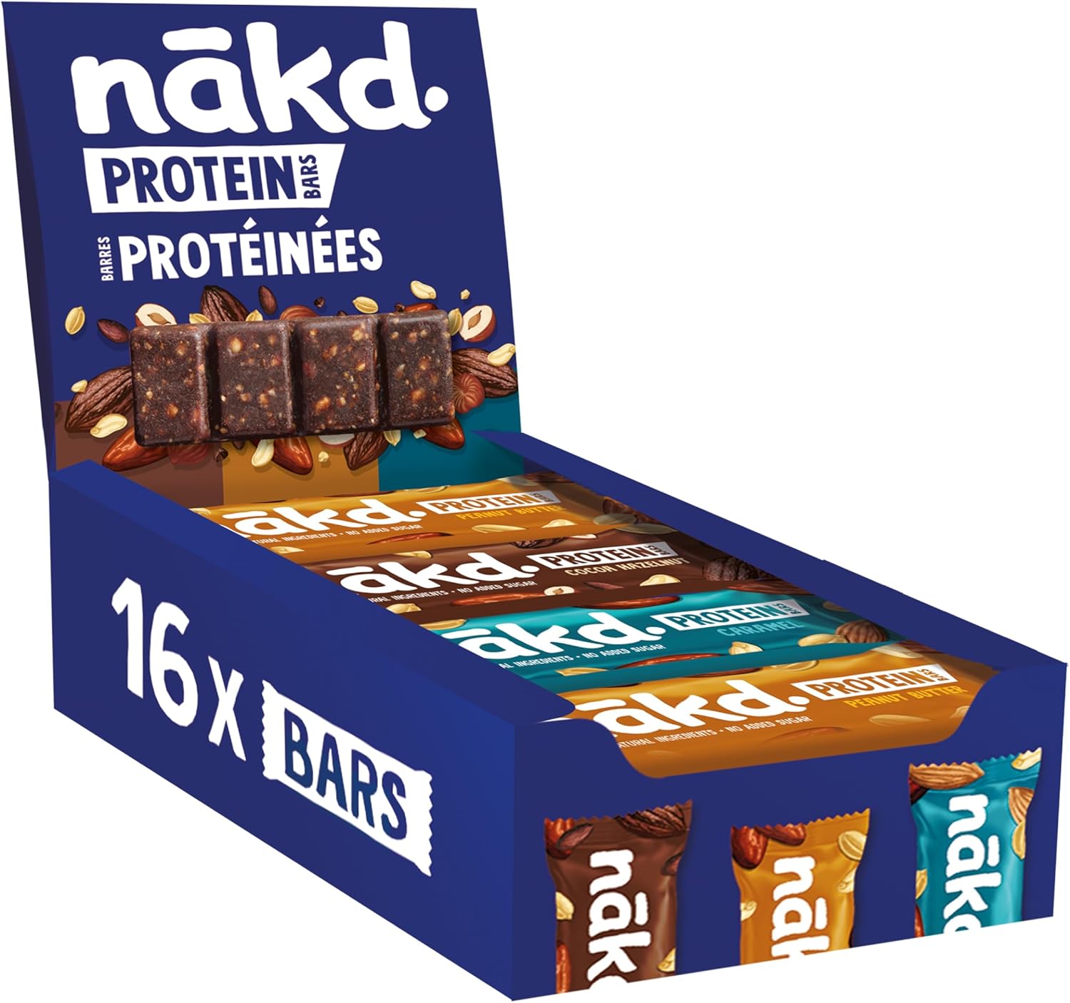 Nākd - Protein Paquet Assortiment - Barres Protéinées - 7g de Protéines Végétales - 100% d'Ingrédients Naturels - Sans Sucres Ajoutés - Vegan - 16 x 45g - 720g