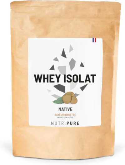 Whey Isolate Native en Poudre - Complément Alimentaire à base de Protéines de Lait - Développement Musculaire & Musculation - 85% Protéines, 19% BCAA, 40% EAA - Noisette - 750 gr - France Noisette 750 gr