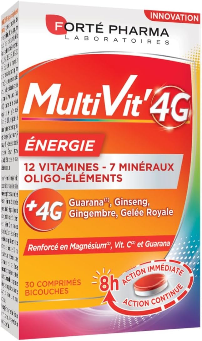 Multivit' 4G Energie - Complément Alimentaire Forme et Tonus - 12 Vitamines, 7 Minéraux, Guarana, Gelée royale, Ginseng, Magnésium - Fatigue, Irritabilité - 30 comprimés Bi-couches Multivit'4G Energie 1 mois