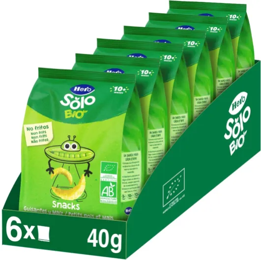 Hero Solo BIO - Snack Petit Pois Biologiques - pour Bébés Dès 10 Mois - non Frits, 100% Naturels, Sans Gluten, ni Conservateurs ni Colorants et Sans sel Ajouté - Lot de 6 x 40 g Sans sel 240 grammes