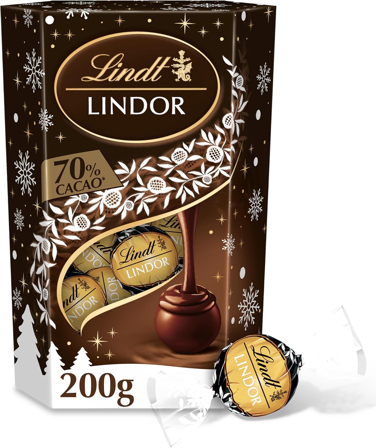 Cornet LINDOR - Assortiment de Chocolats Noir 70% - Cœur fondant - Idéal pour Noël, 200g Noir 70% 200g
