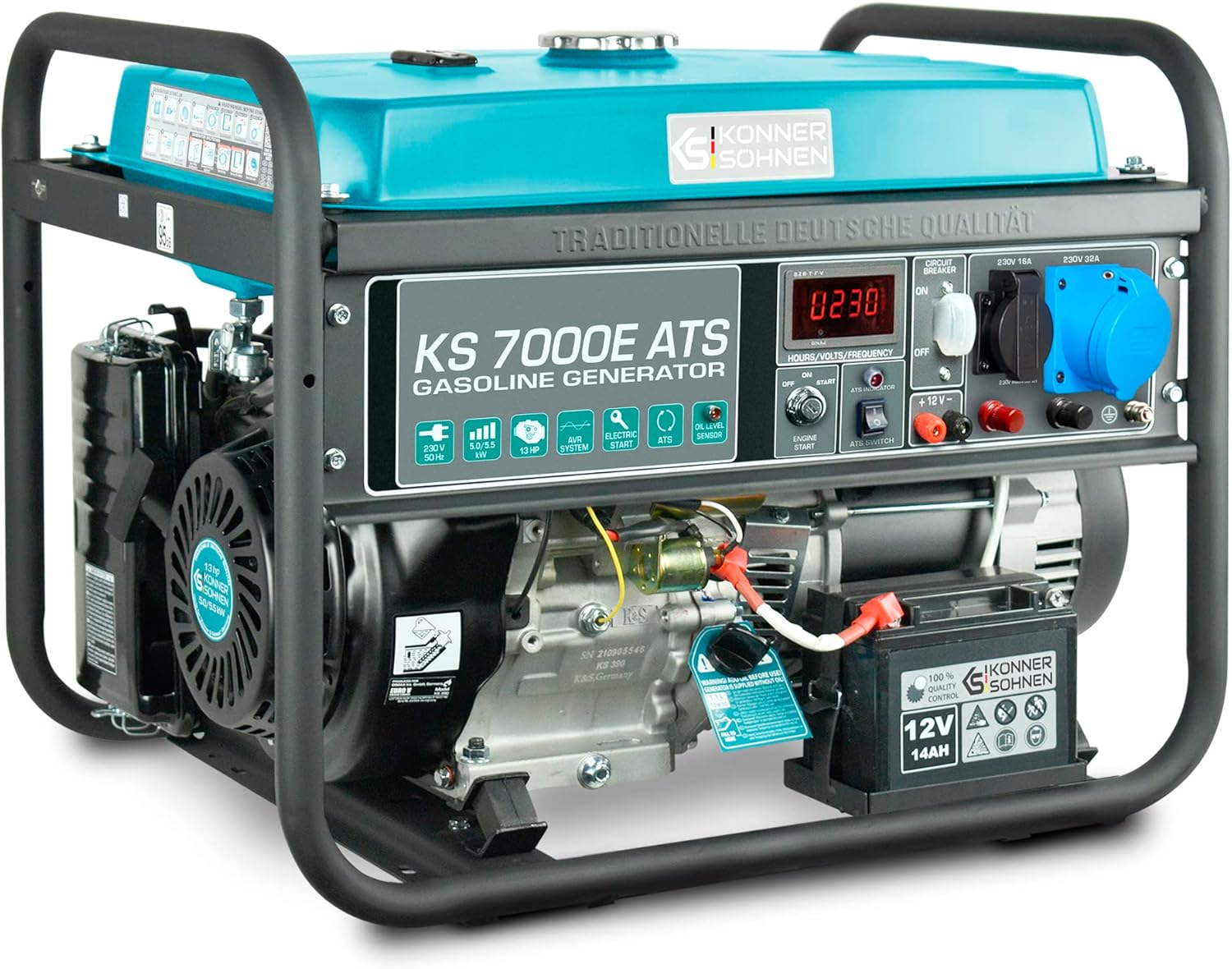 Könner & Söhnen KS 7000E ATS – Générateur de courant à essence 4 temps 13 CV avec démarrage électrique, alimentation de secours, 1 x 16 A, 1 x 32 A (230 V), régulateur de tension automatique 5500 W Built-in Ats Gasoline
