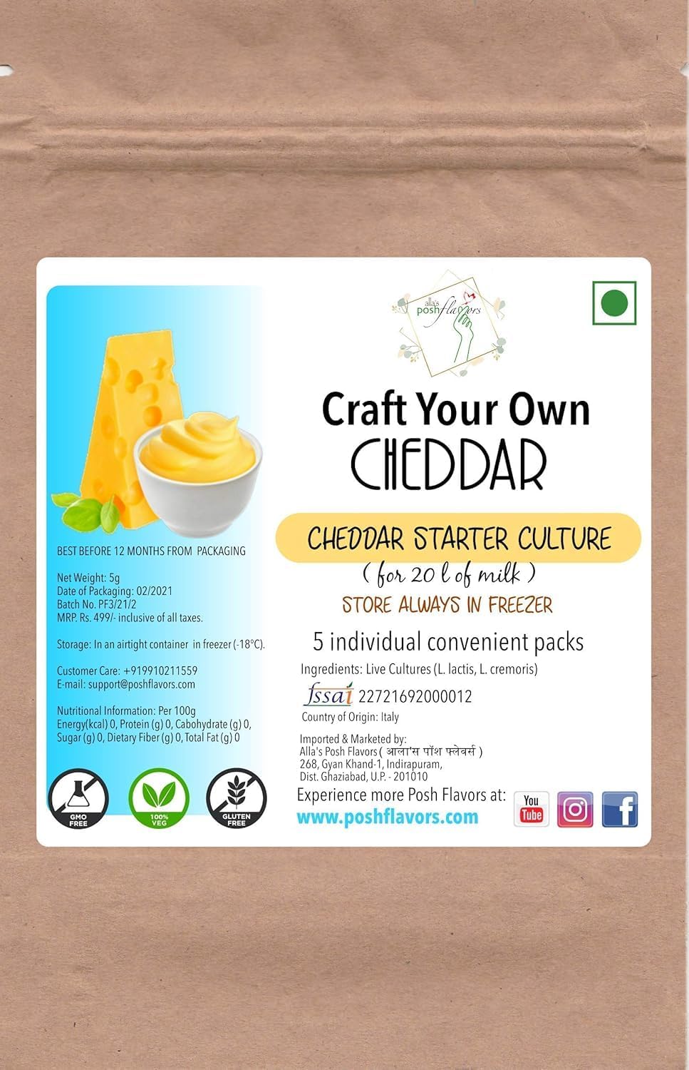 Flavors Cheddar Cheese Starter Culture - 5 sachets pratiques - Sans OGM - Sans gluten - Instructions détaillées incluses - présure non incluse
