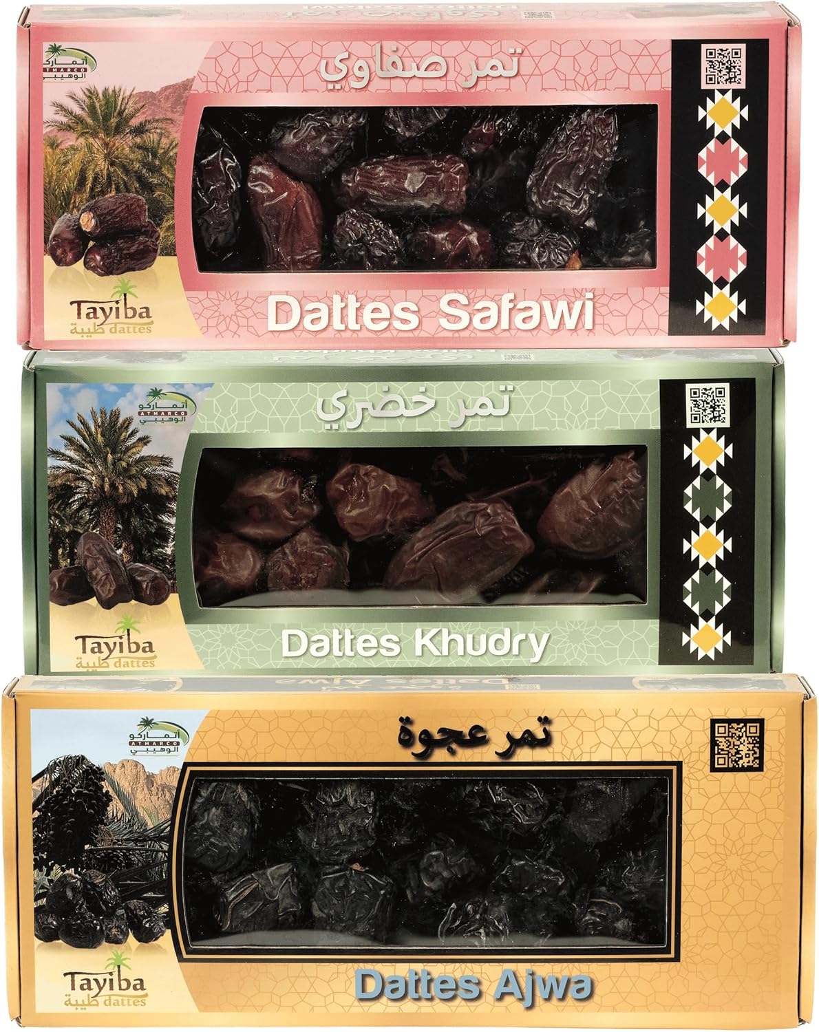 Coffret Dattes Premium Tayiba – Ajwa, Khudry & Safawi – Dattes de Médine – Qualité Supérieure d’Arabie Saoudite – 900g (3x300g)