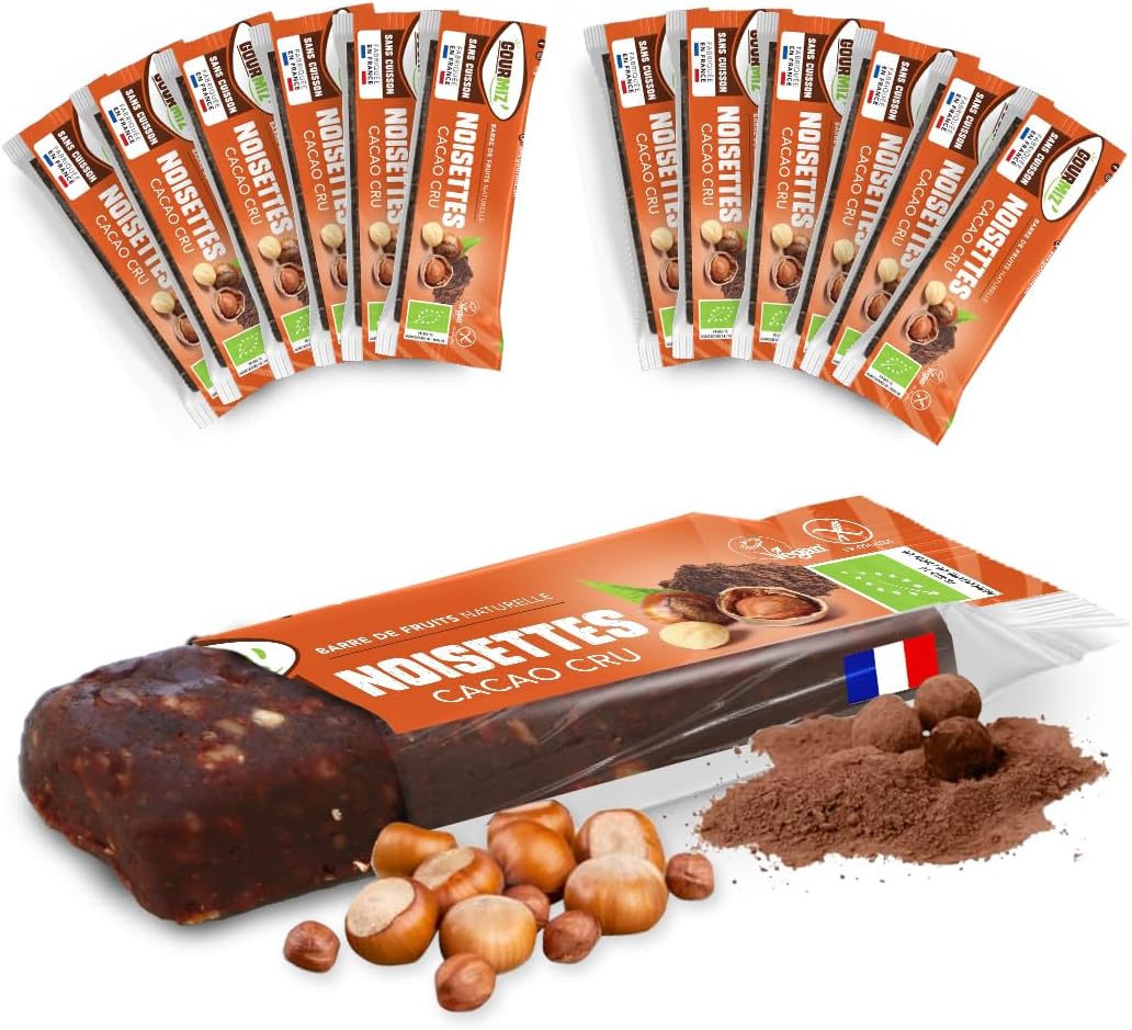 Barres de fruits - 12 x 35gr, barre glucidique énergétique bio, dattes, noisettes & cacao cru, snacks vegan, sport, sans gluten, encas gourmand, sans sucre ajouté noisette, cacao cru pack x12