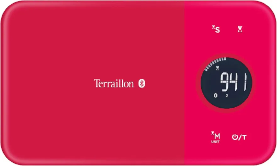 NUTRITAB - Blance de cuisine connecté Bluetooth, Application MyHealth, Plateau verre, Capacité 5 kg, Graduation 1 g, Scan des code-barres, analyse de l'apport nutritionnel, Rouge Rouge Cranberry