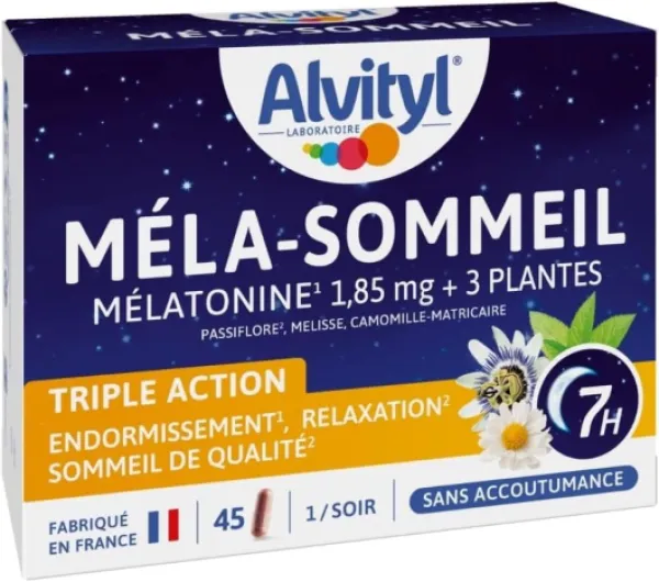 Méla-sommeil – Mélatonine + 3 plantes + vitamine B6 – Triple action sur le sommeil et la relaxation- 1,85mg Mélatonine – Action Chrononuit 7h - 45 gélules Sans saveur 45 unité (Lot de 1)