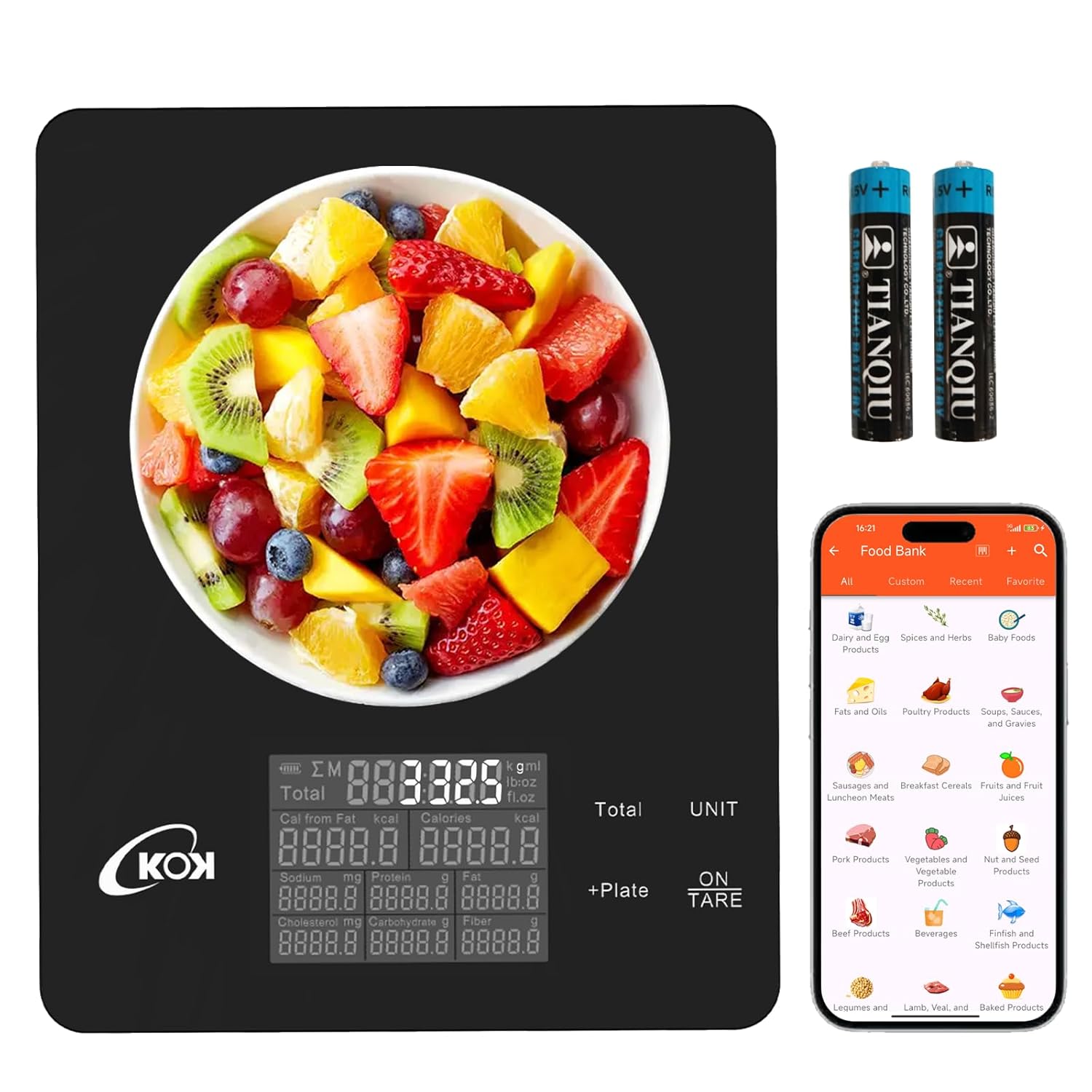 KOK Balance alimentaire avec calculatrice nutritionnelle, balance intelligente de calories avec application pour suivre les glucides de protéines pour la perte de poids, les diabétiques, la pâtisserie