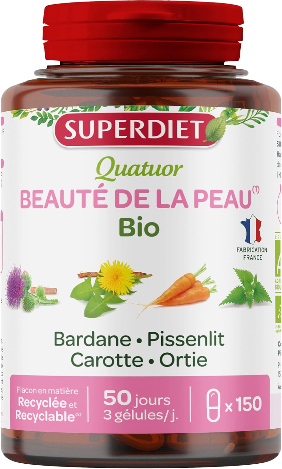 QUATUOR BEAUTÉ DE LA PEAU BIO - Bardane, Ortie, Pissenlit, Carotte -Phytothérapie -Fabrication Française - 150 gélules