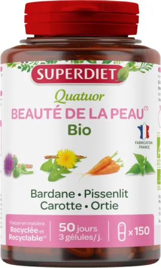 QUATUOR BEAUTÉ DE LA PEAU BIO - Bardane, Ortie, Pissenlit, Carotte -Phytothérapie -Fabrication Française - 150 gélules
