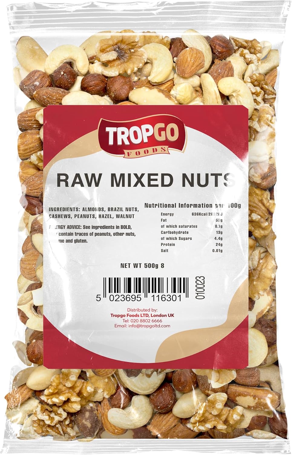 Tropgo Mélange de Fruits à Coque Nature - Snack Sain de 500 g - Faites le Plein de Fibres, Protéines et Minéraux - Avec des Amandes, Noix du Brésil, Noix de Cajou, Cacahuètes et Noisettes