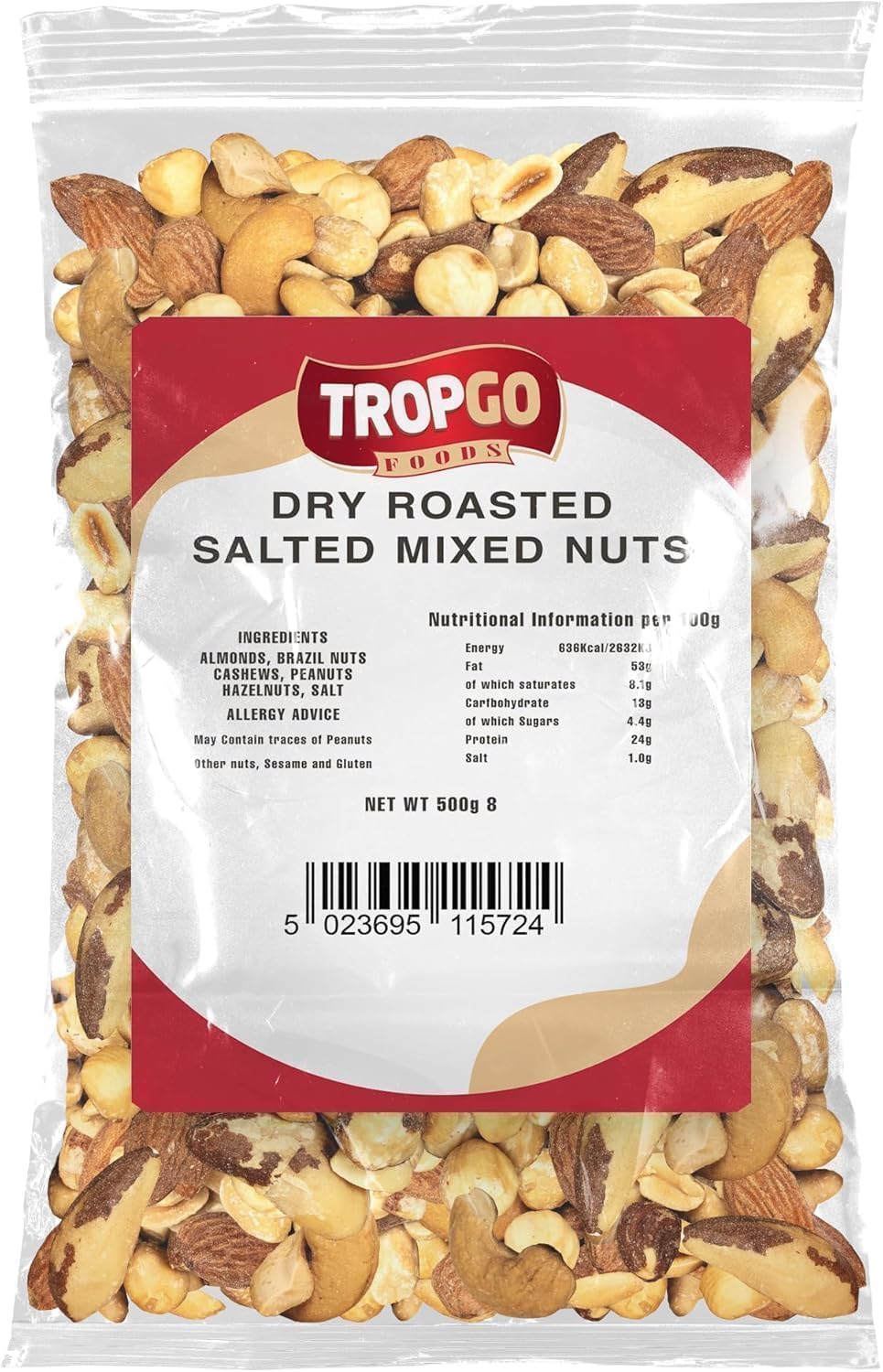 Tropgo Mélange Fruits à Coque Grillés dans Sachet Fraîcheur – Snack Salé 500 g – Fibres, Protéines et Minéraux - Avec des Amandes Grillées, Noix du Brésil, Noix de Cajou, Cacahuètes et Noisettes