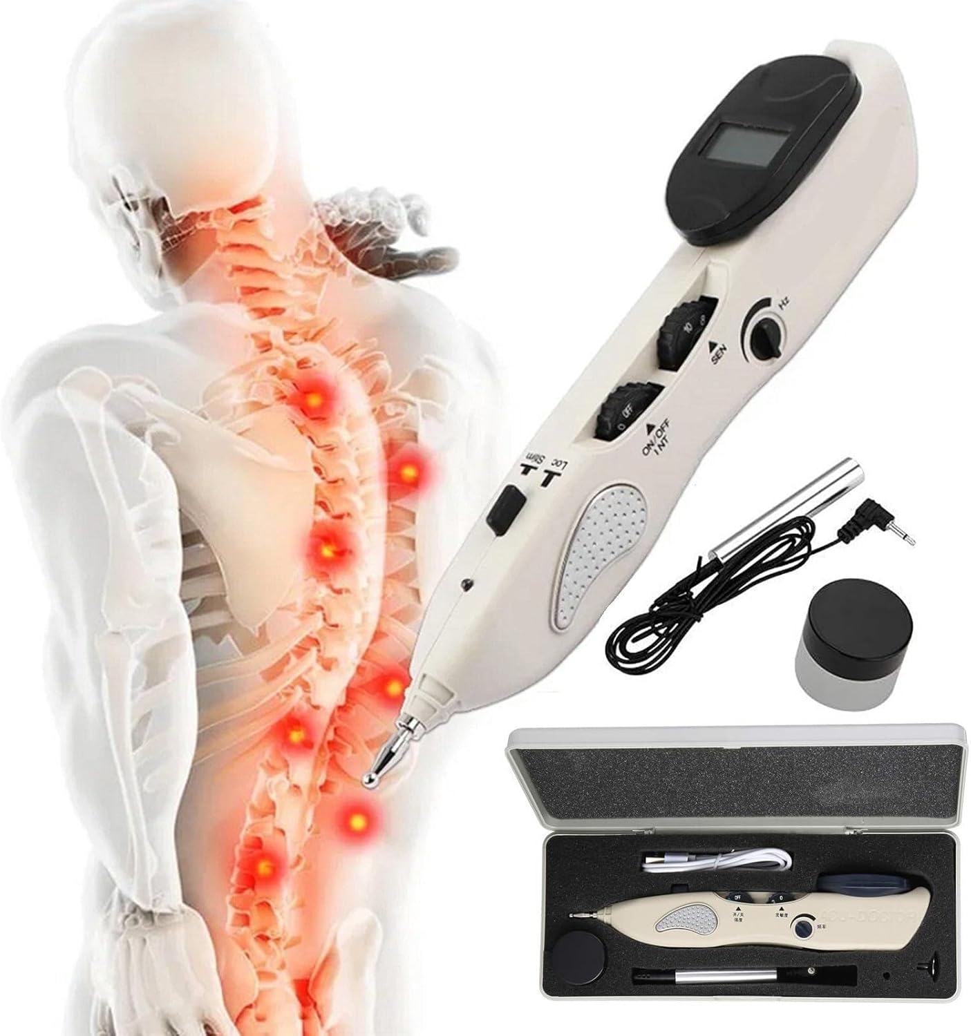 Détection automatique des points d'acupuncture, 10 intensités + 10 sensibilités, fréquence d'impulsion: 1-23Hz (réglable), avec 3sondes de massage, rechargeable