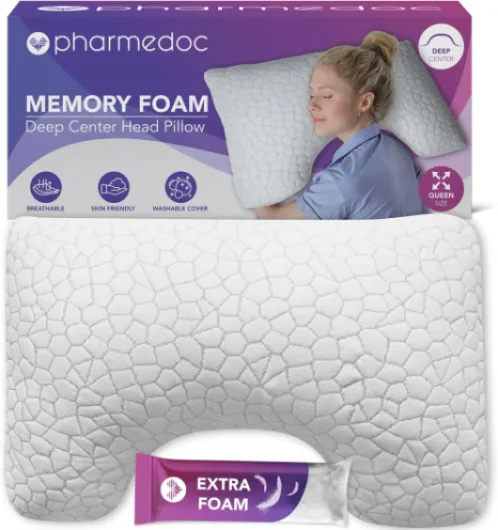 Pharmedoc Oreiller Ergonomique Cervical - Oreiller Memoire Forme, Coussin Servicales Douloureuses, Oreillers pour la Nuque (avec Garniture Supplémentaire) Lot de 1 Centre Profond