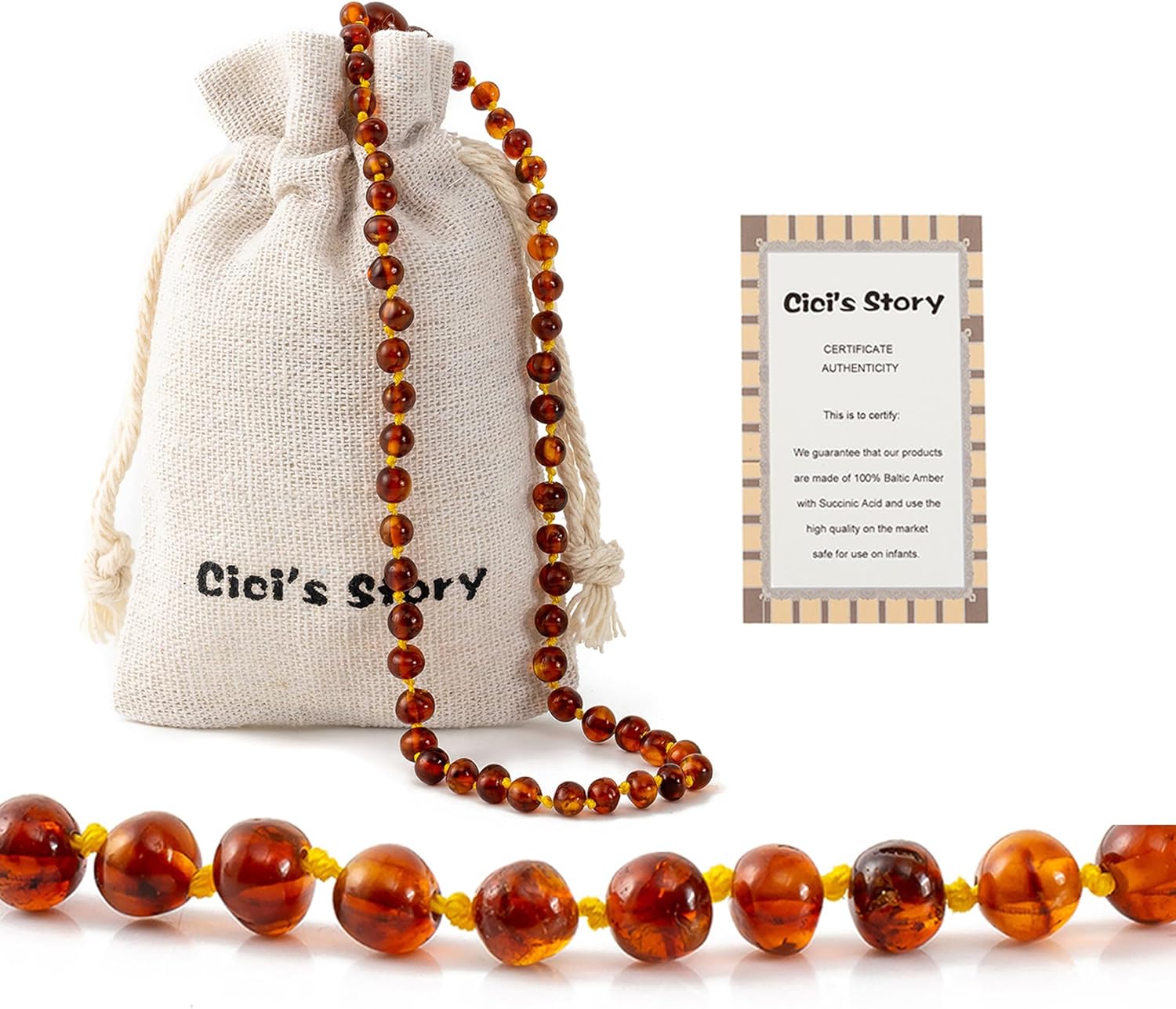 Cici's Story Collier Ambre(Unisex) - 3 Sizes - 5 Couleurs - 100% Plus Haute Qualite Certifie l'Ambre la Baltique Authentique Collier Cognac 33 Centimètres
