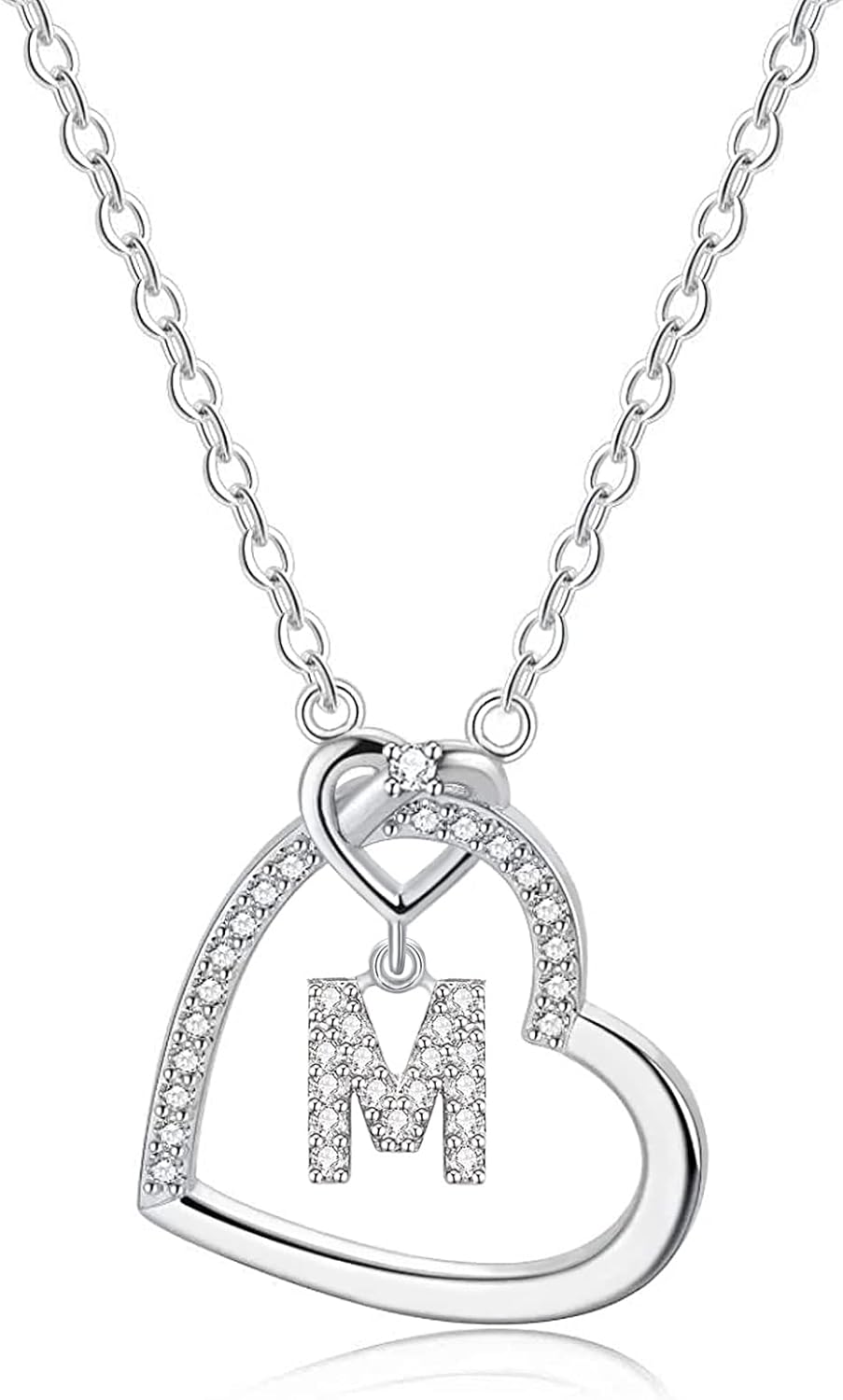 LIHELEI Collier pour Femme, 26 lettres Majuscule Zircon Argent S925 Collier Coeur pour Les Femmes Fille Dame Anniversaire Cadeau de Noël M-Argent
