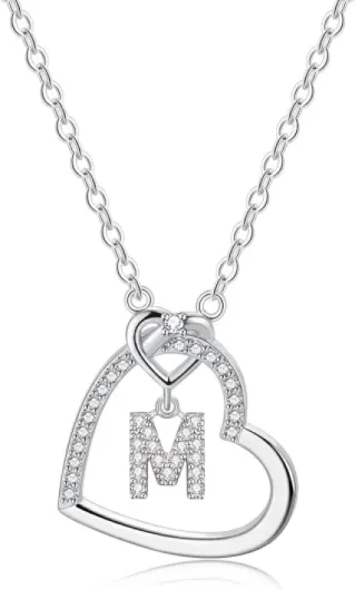 LIHELEI Collier pour Femme, 26 lettres Majuscule Zircon Argent S925 Collier Coeur pour Les Femmes Fille Dame Anniversaire Cadeau de Noël M-Argent