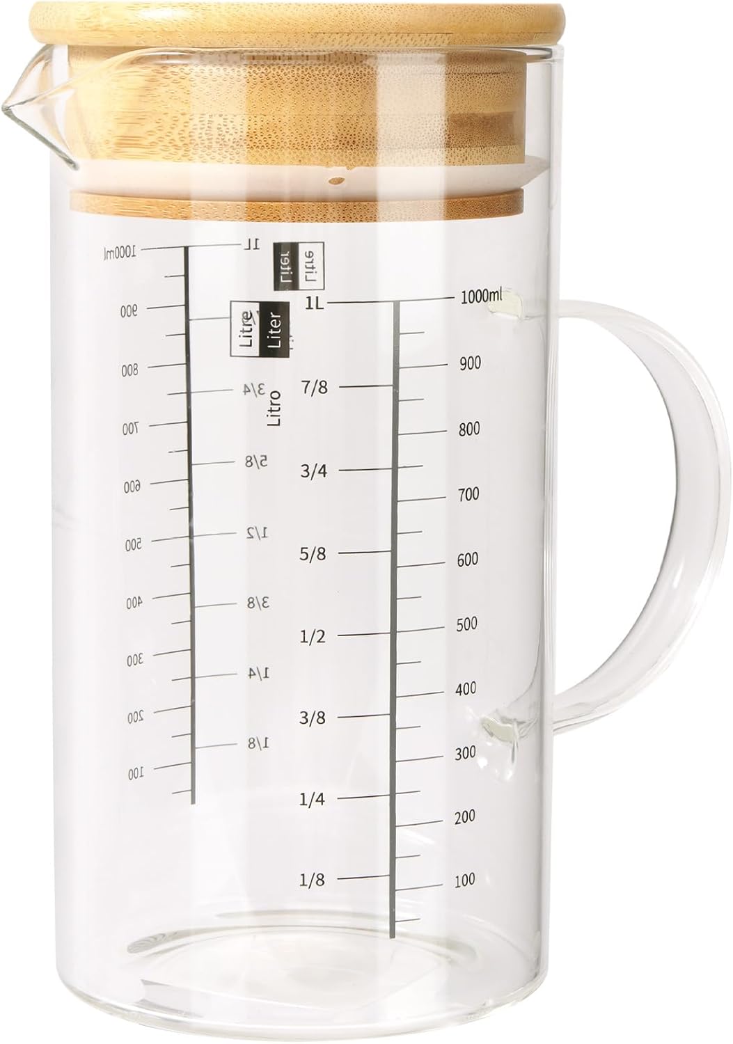 Gobelet doseur en verre de 1000 ml avec couvercle en bambou, verre doseur de 1 l, idéal pour la pâtisserie, la cuisine, pichet doseur avec poignée, résistant à la chaleur et graduation précise 1000ml