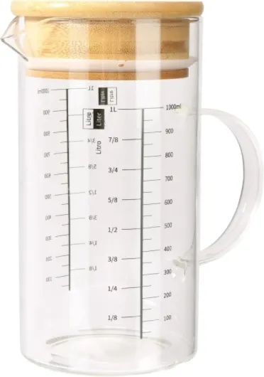Gobelet doseur en verre de 1000 ml avec couvercle en bambou, verre doseur de 1 l, idéal pour la pâtisserie, la cuisine, pichet doseur avec poignée, résistant à la chaleur et graduation précise 1000ml