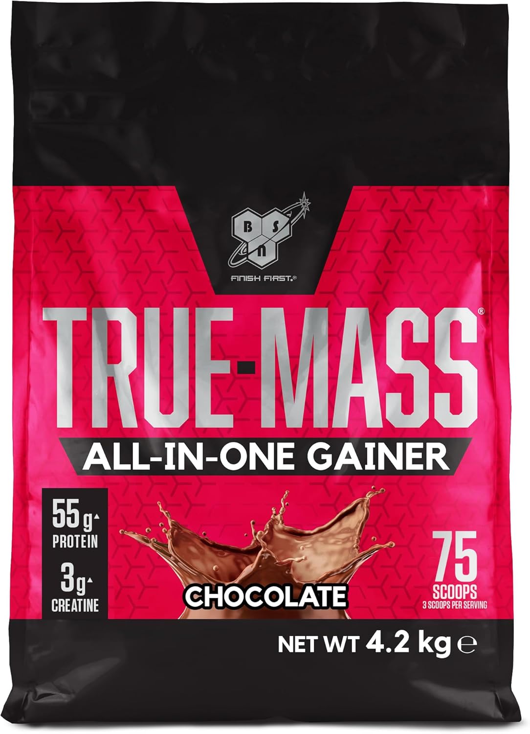 True Mass All-In-One Gainer Poudre de Protéines et Glucides avec Créatine, Glutamine, Vit - D et Zinc pour le Gain Musculaire et la Récupération Post-entraînement, goût chocolat, 25 portions, 4,2kg