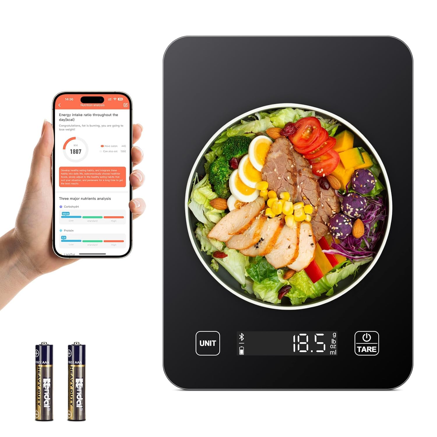 Balance de Cuisine Électronique,balance numérique précise pour la nutrition avec écran LCD,avec application Smart Scale,pour analyser la valeur nutritionnelle des aliments et compter les calories,Noir