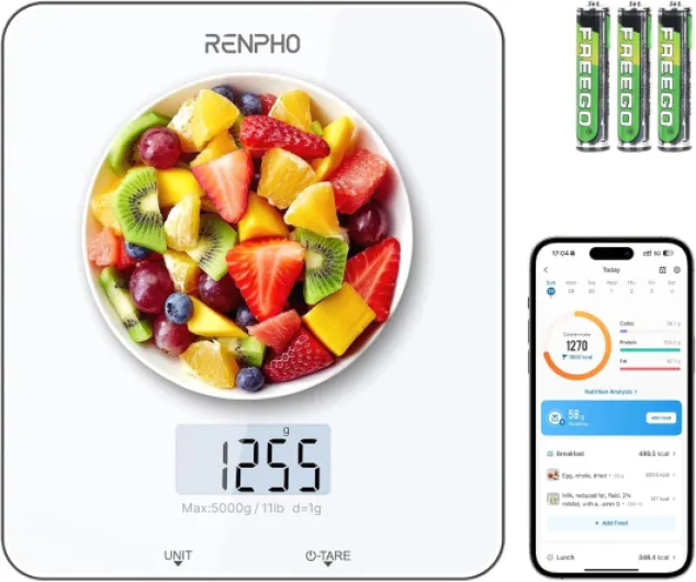 Balance de Cuisine Numérique RENPHO, Balance électronique pour La Cuisson et le Café, Appareil de Balance de Cuisson pour Céto, Macro, Calories et Perte de Poids avec Application pour Smartphone 192x167mm Blanc-Cuisine