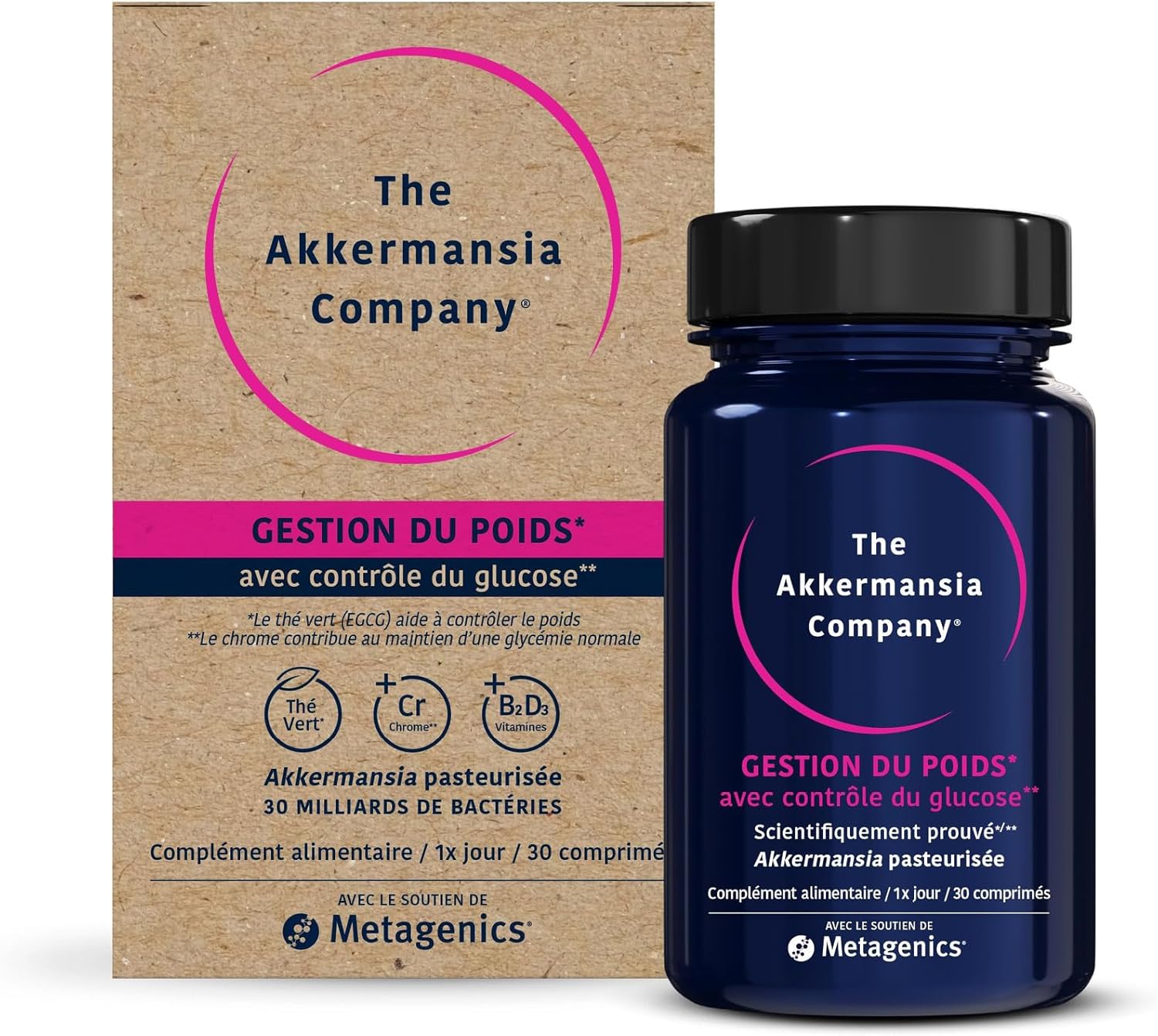 The Akkermansia Company Gestion du poids - Probiotiques, Vitamine D, B1 et B2 - Pour améliorer l'équilibre de la flore intestinale - 30 comprimés
