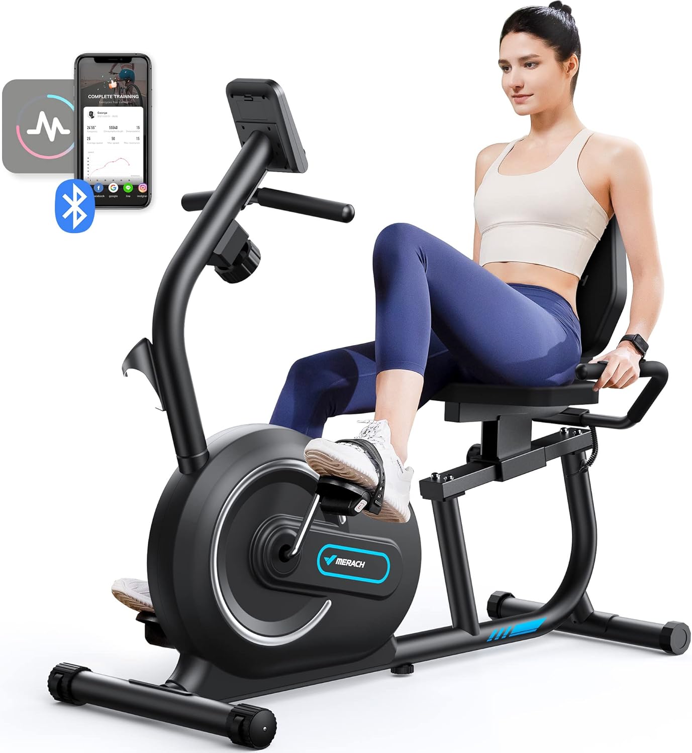 Vélo d'Appartement, Vélo Couché Magnétique avec 8 Niveaux de Résistance Réglables, Vélo de Fitness avec Écran LCD, Poignées de Fréquence Cardiaque, Capacité de Charge de 136 kg Noir