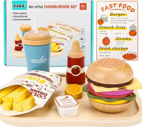 Accessoires de cuisine pour enfants en bois, accessoires de cuisine de jeu pour hamburgers Fast Food, jouets de cuisine en bois avec menu allemand, cadeau de Noël pour garçons et filles
