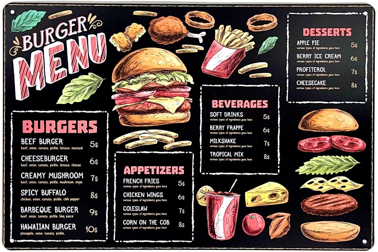 FÉENOMENN Plaque Métal Déco Vintage - Menu Burgers Façon Ardoise - Fast Food Sandwich Frites Soda (20x30cm)