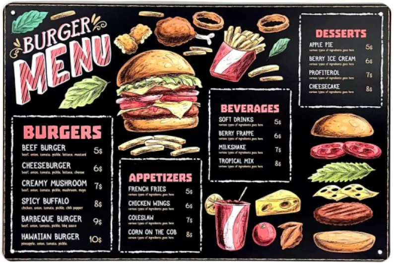 FÉENOMENN Plaque Métal Déco Vintage - Menu Burgers Façon Ardoise - Fast Food Sandwich Frites Soda (20x30cm)