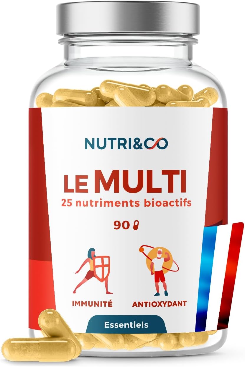 NUTRI & CO Multivitamines et Minéraux 25 Nutriments - Vitamines A B C D3 E K2 + Minéraux dont Magnésium et Zinc - Haute Absorption - 90 Gélules Vegan Friendly Conditionné en France 90 unité (Lot de 1)