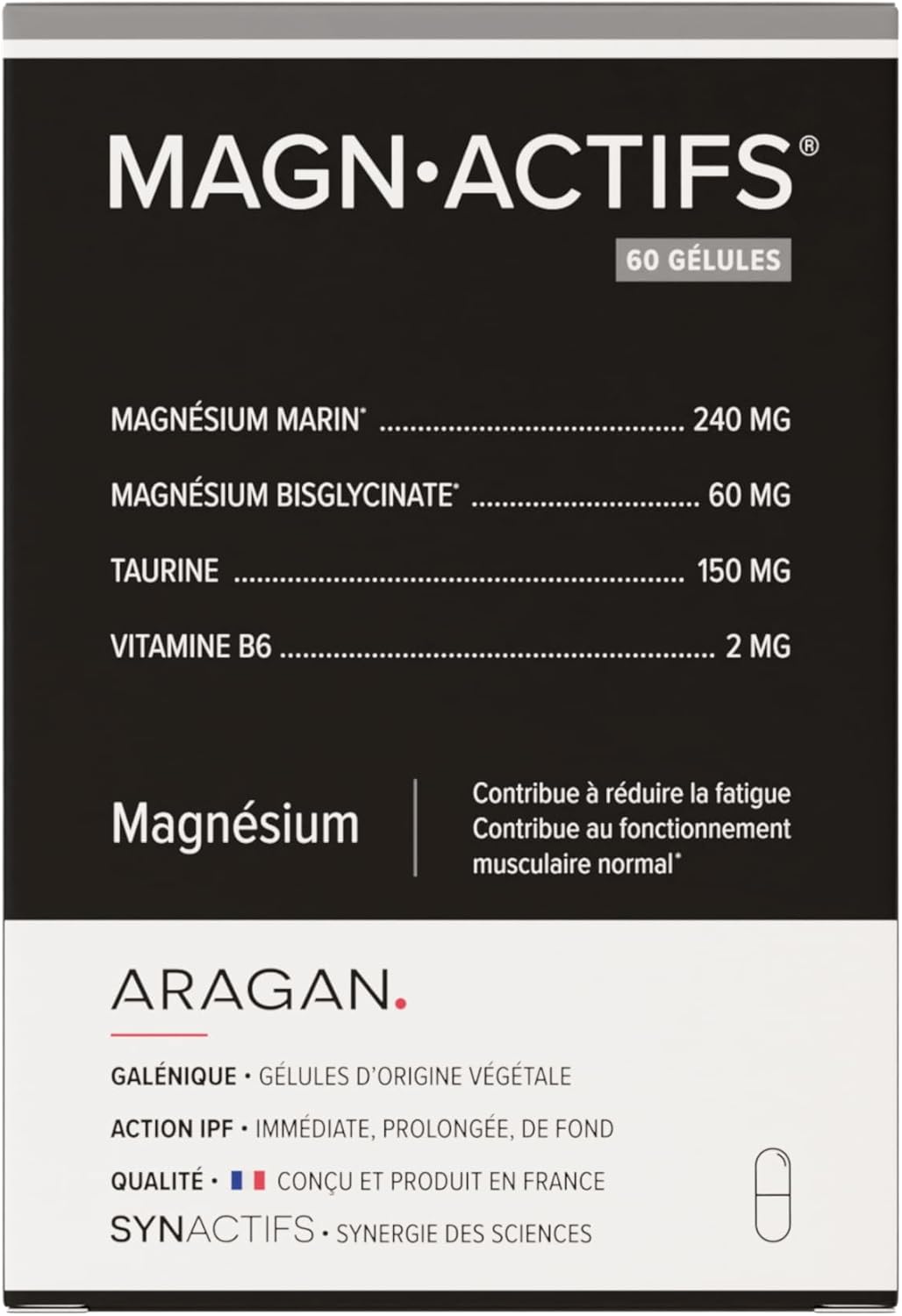 Magnactifs - Magnesisum Bisglycinate & Marin - Anti Fatigue, Anti Stress Adulte, Equilibre Nerveux - Taurine, Vitamine B6 - Aragan - 60 Gélules