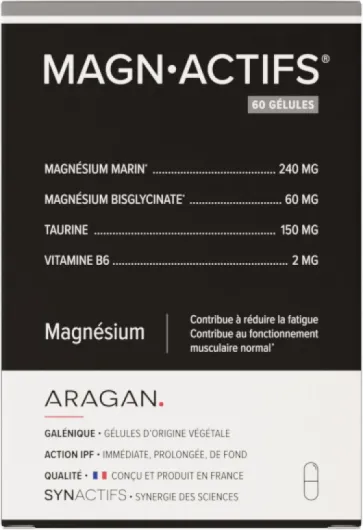 Magnactifs - Magnesisum Bisglycinate & Marin - Anti Fatigue, Anti Stress Adulte, Equilibre Nerveux - Taurine, Vitamine B6 - Aragan - 60 Gélules