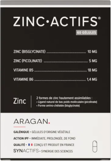 Zincactifs - Complement Alimentaire Immunité & Peau - Zinc, Vitamines B5 & B6 - Aragan - 60 Gélules